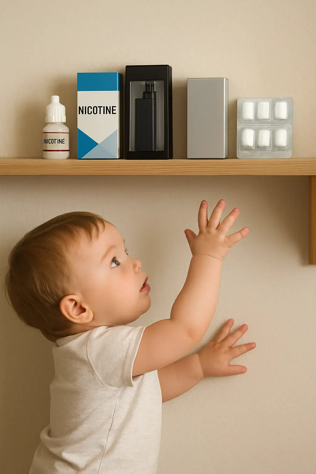 Illustration of nicotine products stored on a high shelf out of reach of a child, representing child-proofing against nicotine poisoning