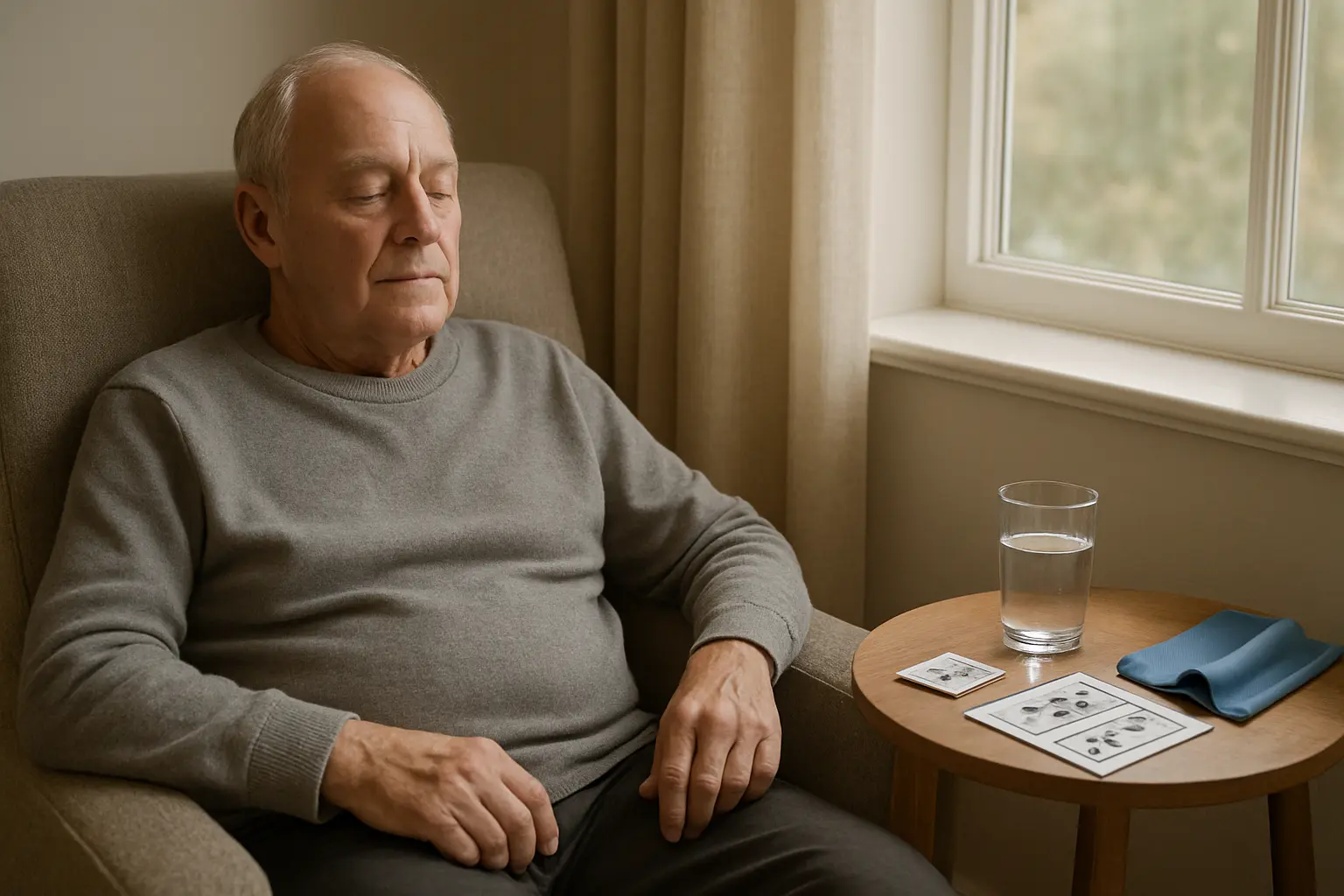 Illustration of a stroke survivor resting in an armchair with stop-smoking products and a picture communication card within reach