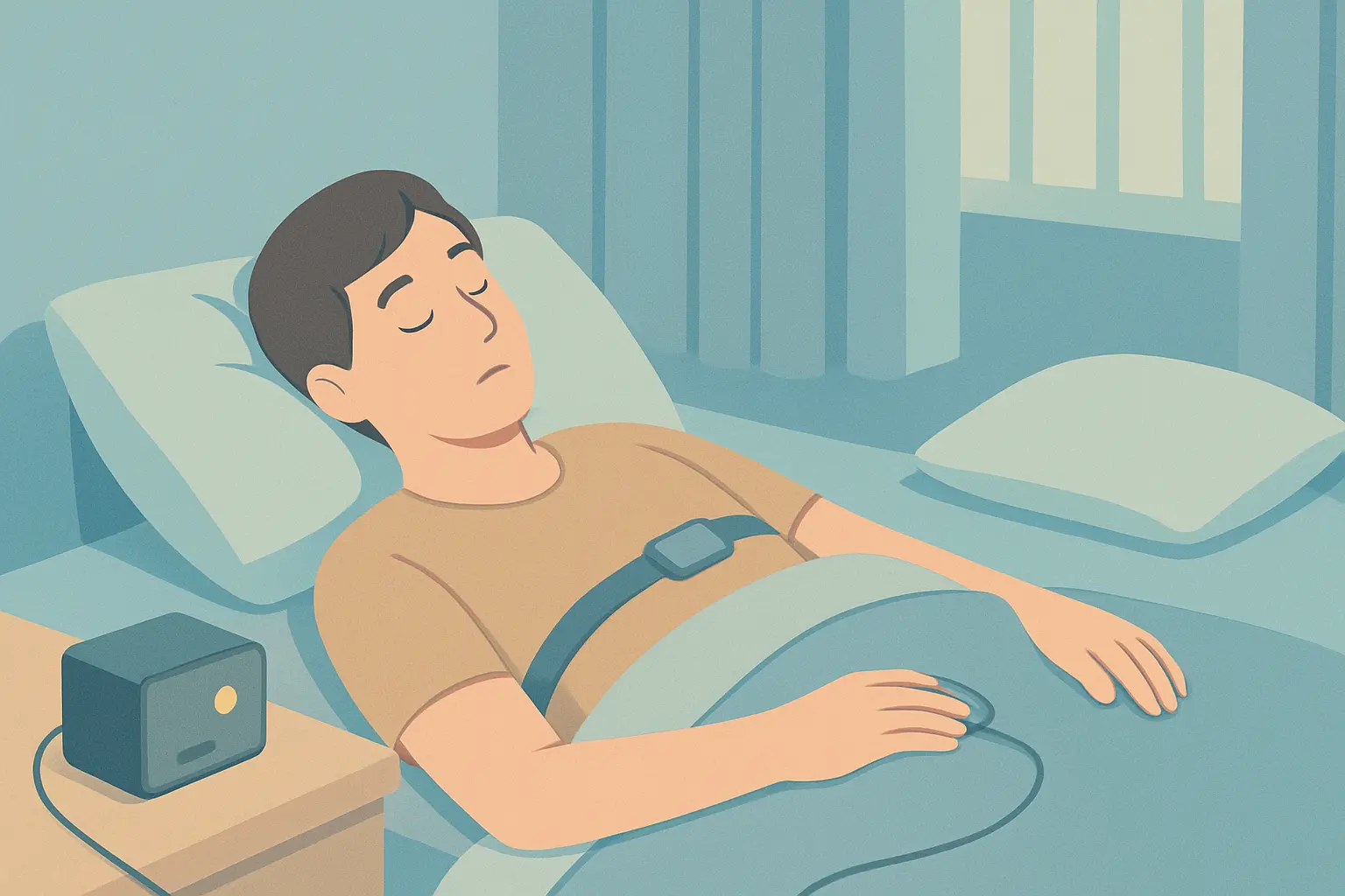 Illustration of a person doing an overnight home sleep study with a fingertip sensor and chest band to test for sleep apnea