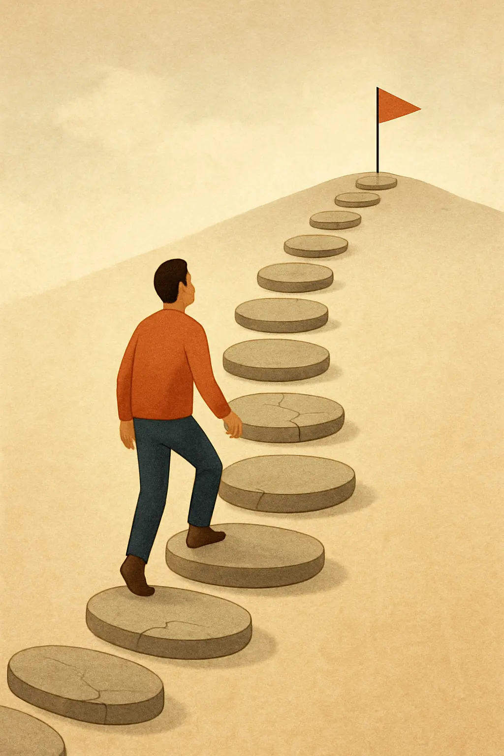 Illustration of a person climbing stepping stones where earlier cracked stones still support the path, showing past quit smoking attempts as progress