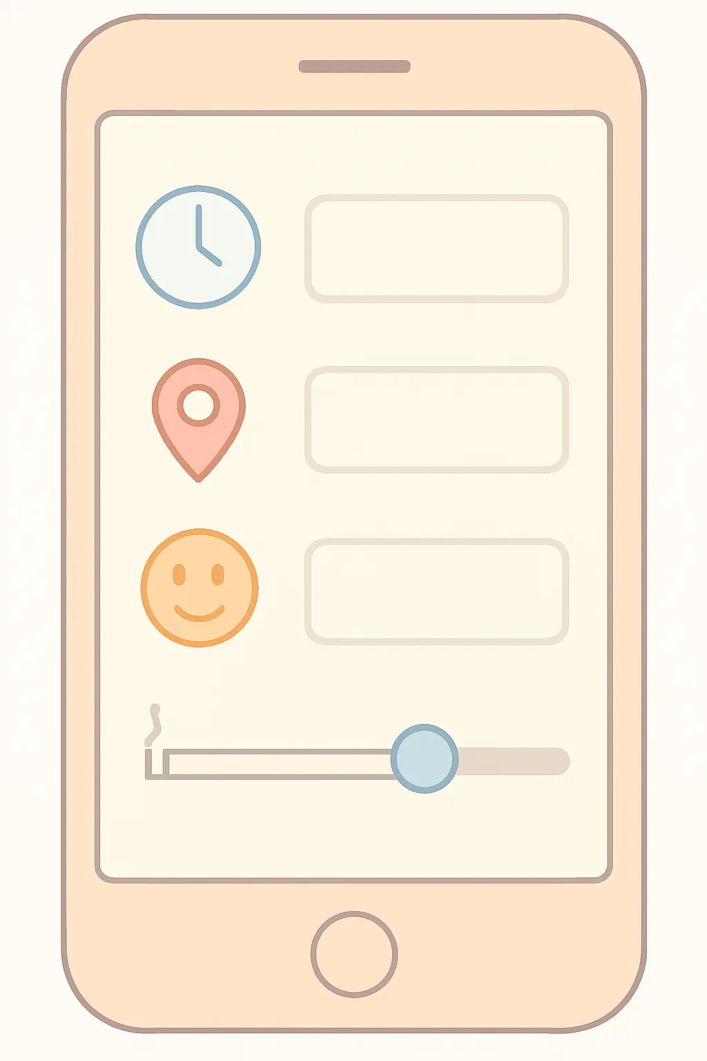 Illustration of a phone log entry with clock, location, mood and intensity slider icons, showing the four fields to record for each cigarette