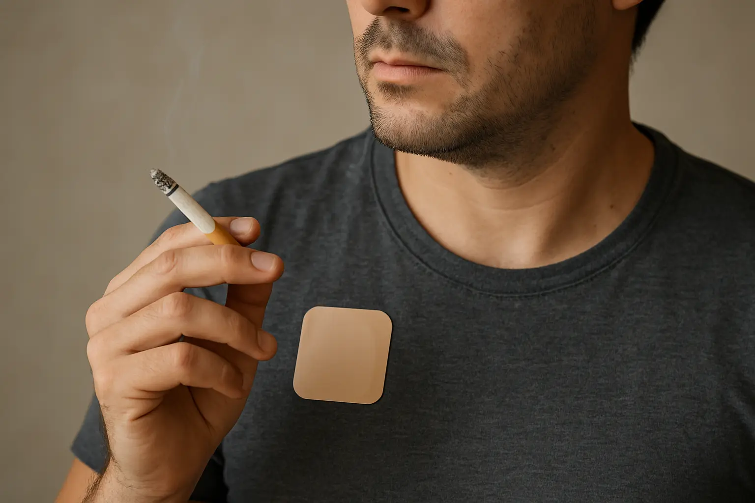 Person wearing a nicotine patch while holding a cigarette during a supported cut-down-to-quit plan