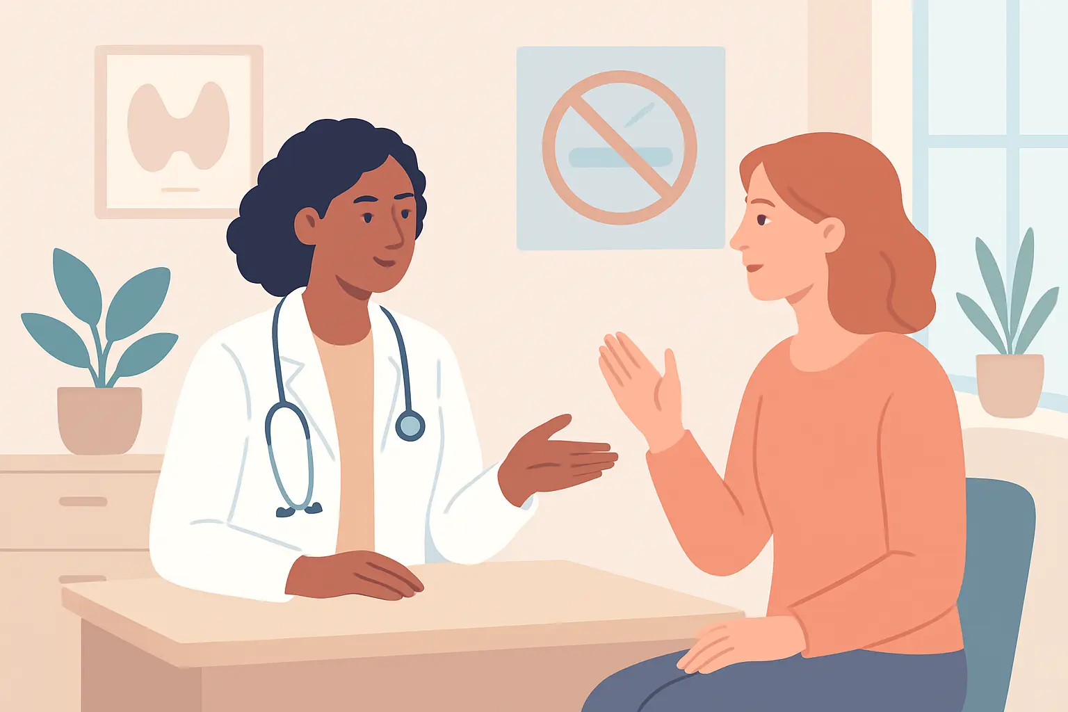 Illustration of a woman discussing menopause and quitting smoking with her doctor