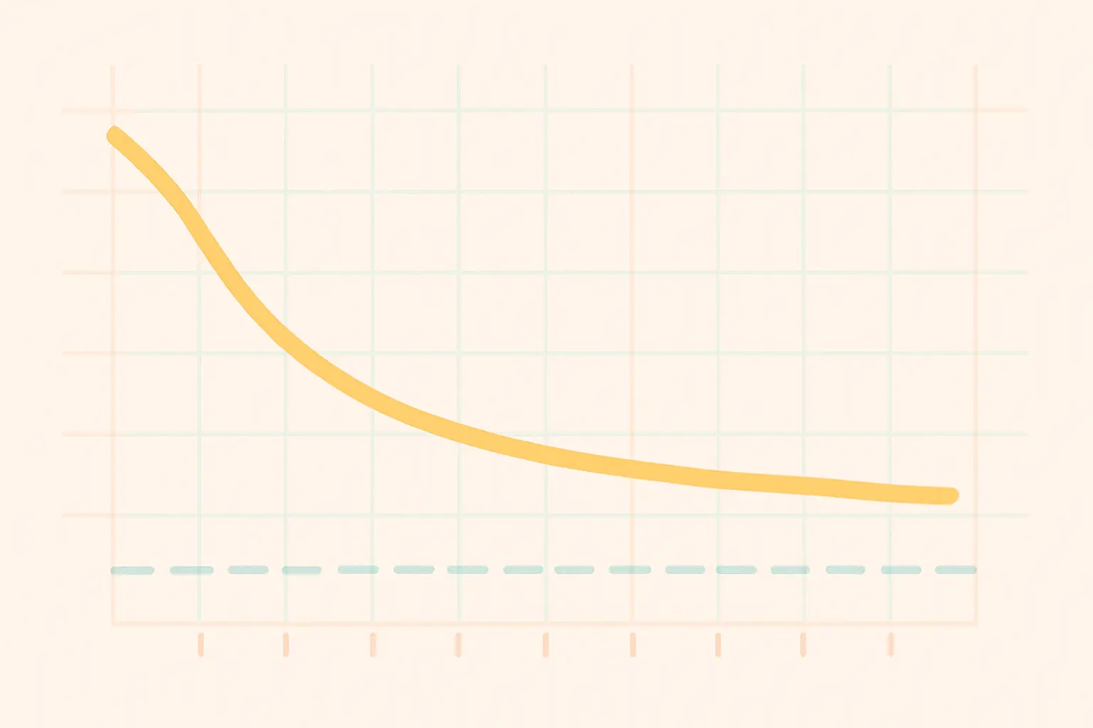 Flat vector line chart showing cancer risk declining year by year after quitting smoking without fully reaching the never-smoker baseline