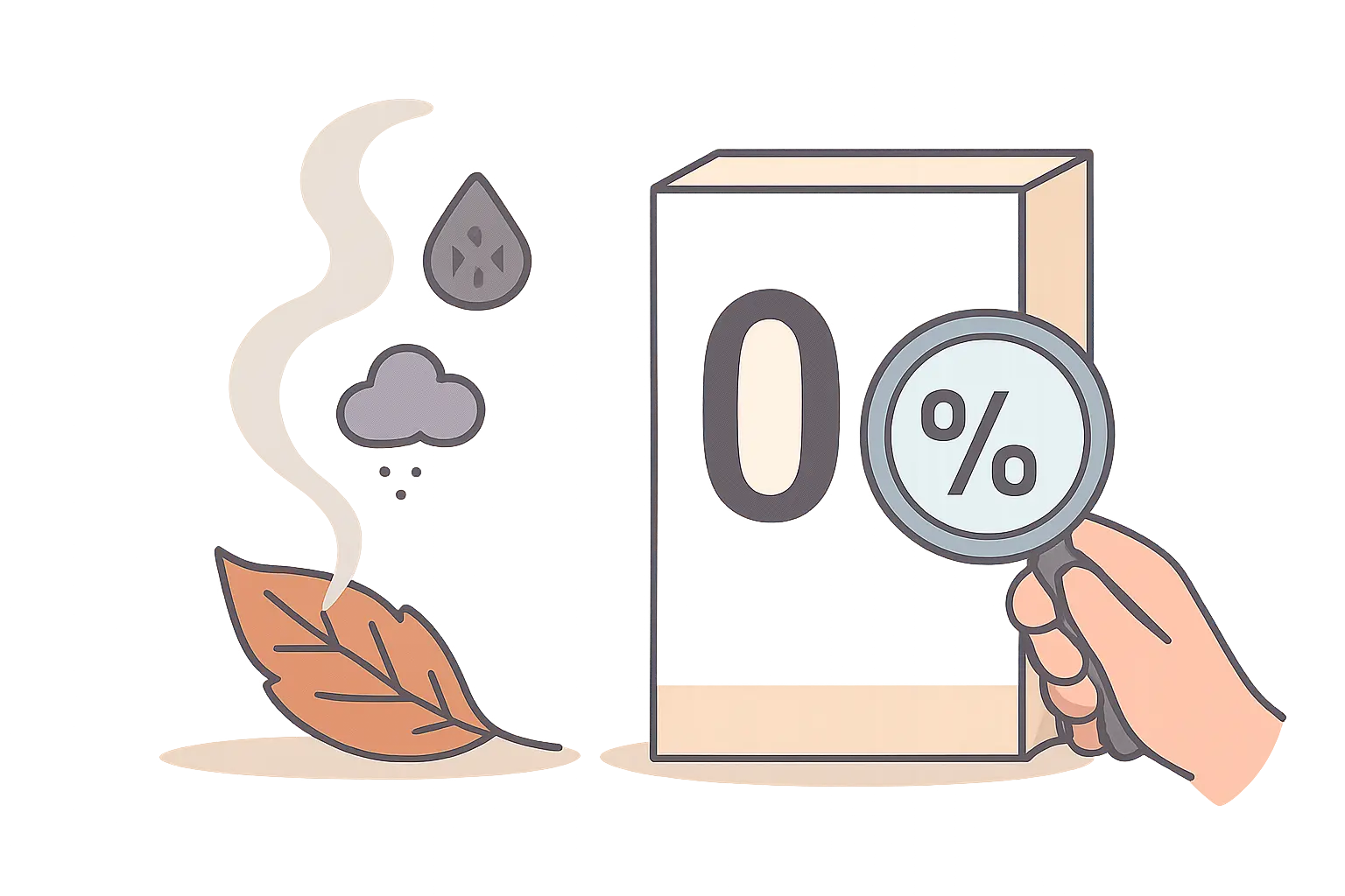 Illustration of smoke rising from a burning plant with tar and carbon monoxide icons, questioning a 0 percent tar label