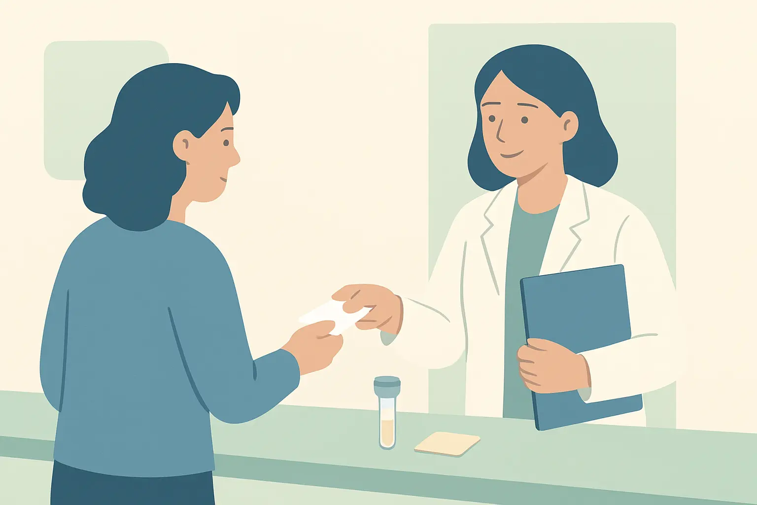 Person handing a written declaration about nicotine replacement therapy to a clinician before a sample is taken