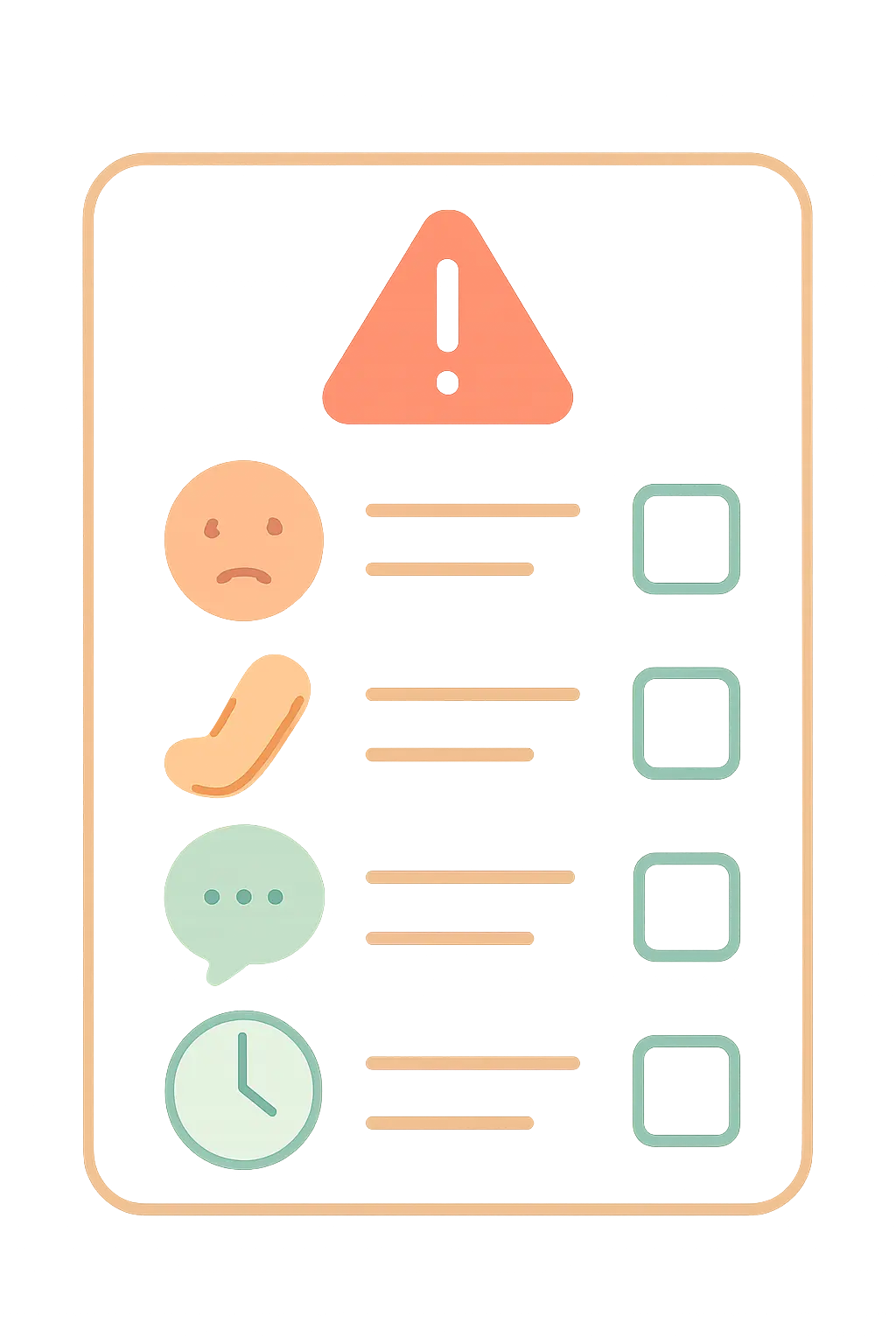 Flat vector illustration of a simple checklist with face, arm, speech and clock icons representing the FAST stroke warning signs