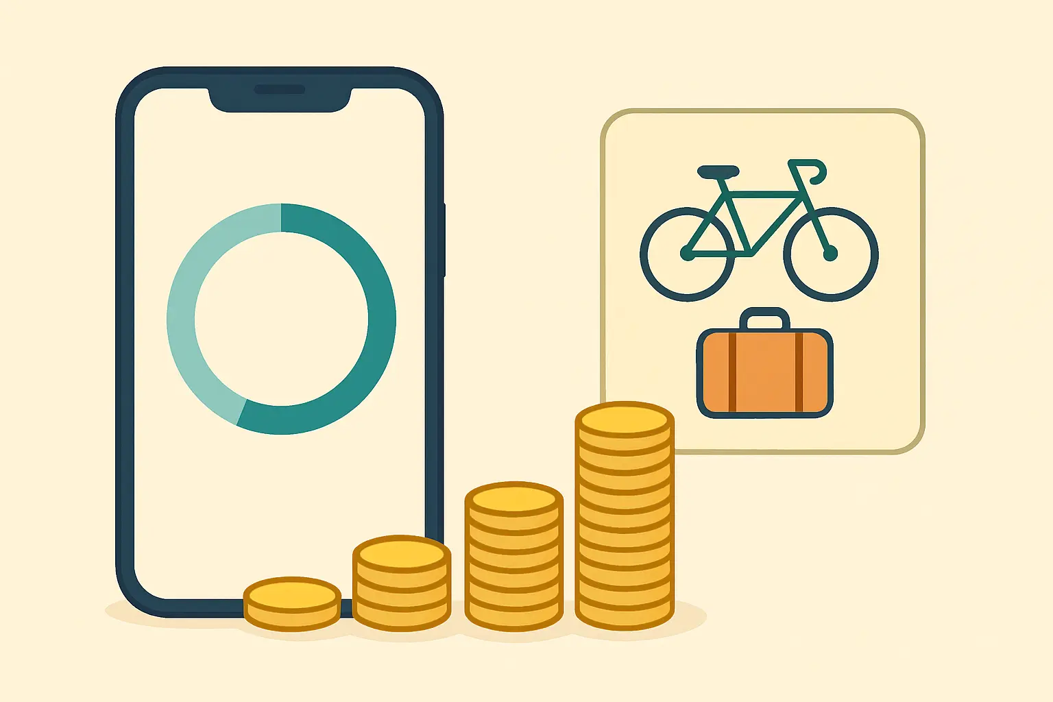 Illustration of a phone progress ring and growing coin stacks leading to a bike and trip goal, showing cigarette money saved after quitting smoking