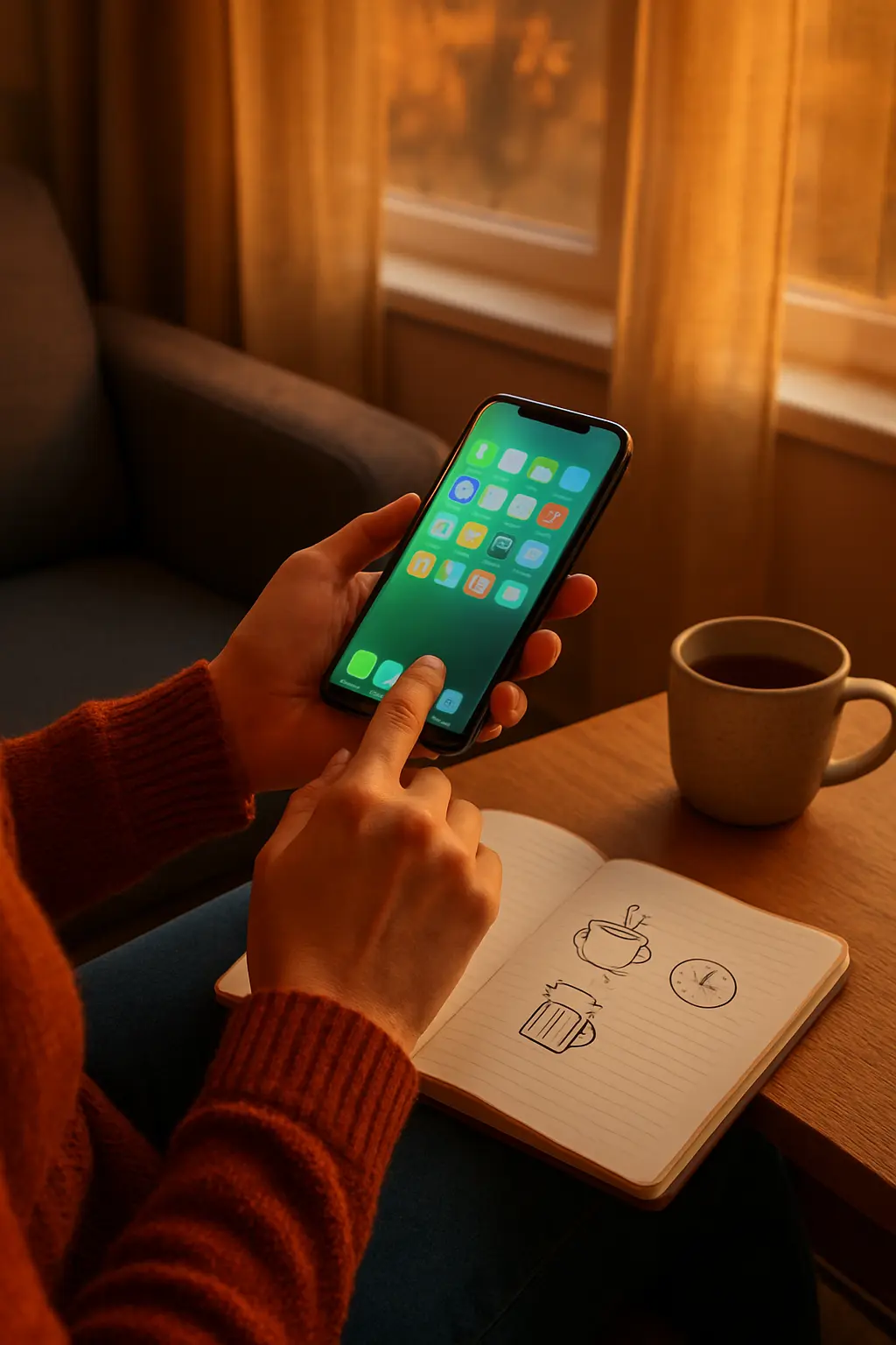 Illustration of a person on a sofa setting up two quit smoking apps on a phone in late September, with a notebook of smoking triggers beside them