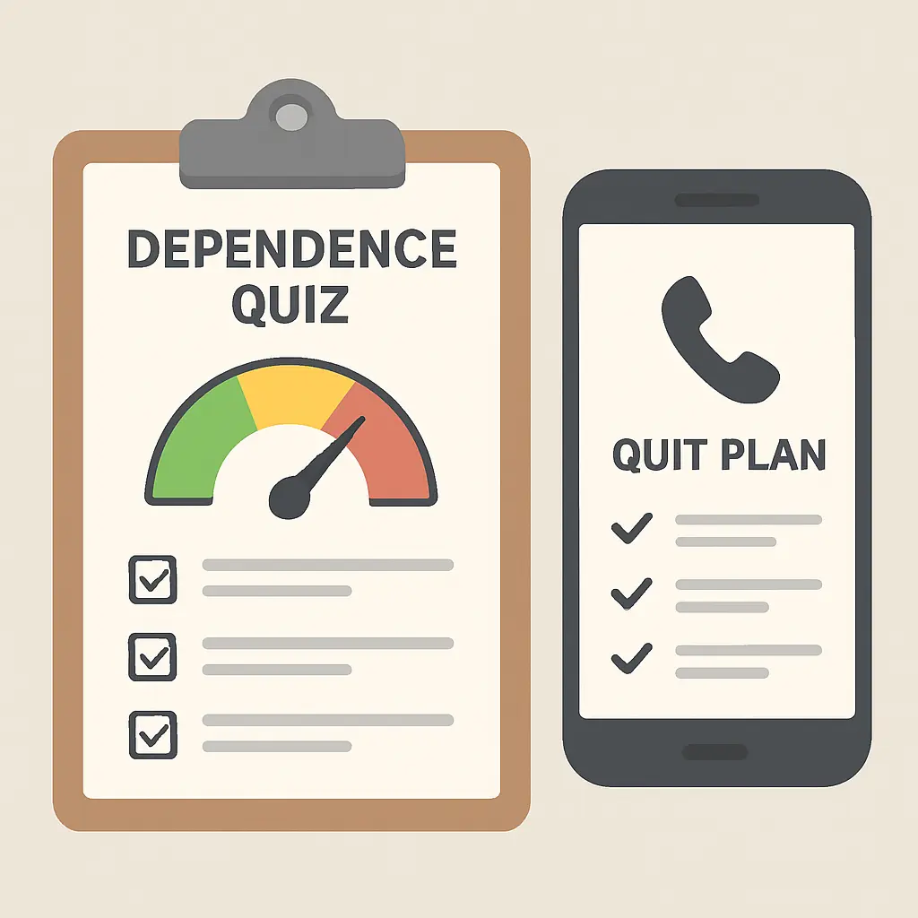 Illustration of a dependence assessment gauge and a phone showing a suggested quit method plan