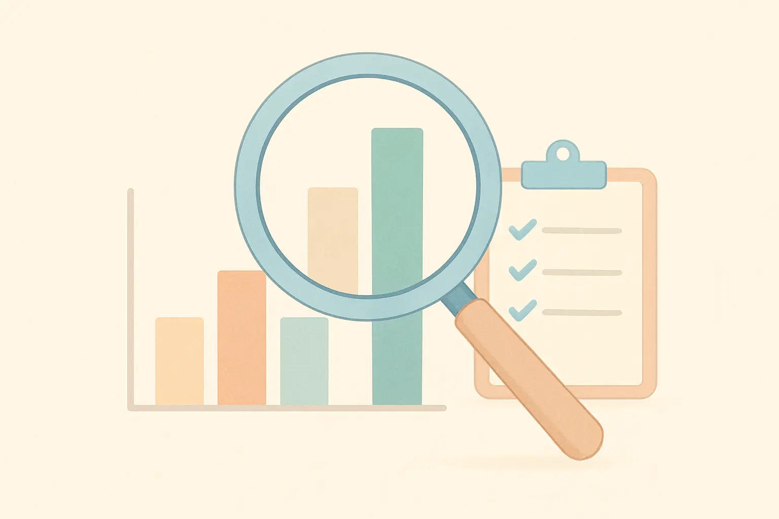 Illustration of a magnifying glass over a bar chart and a checklist, representing checking quit-smoking app success claims against research