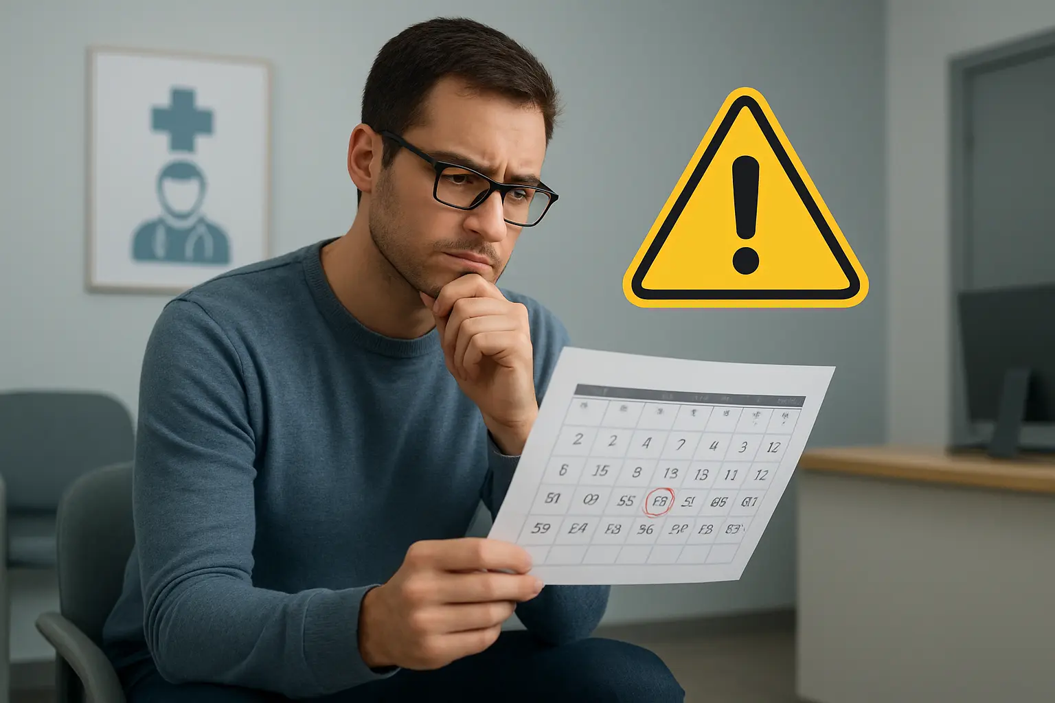 Illustration of a person in a waiting room deciding to see a doctor about a health warning sign