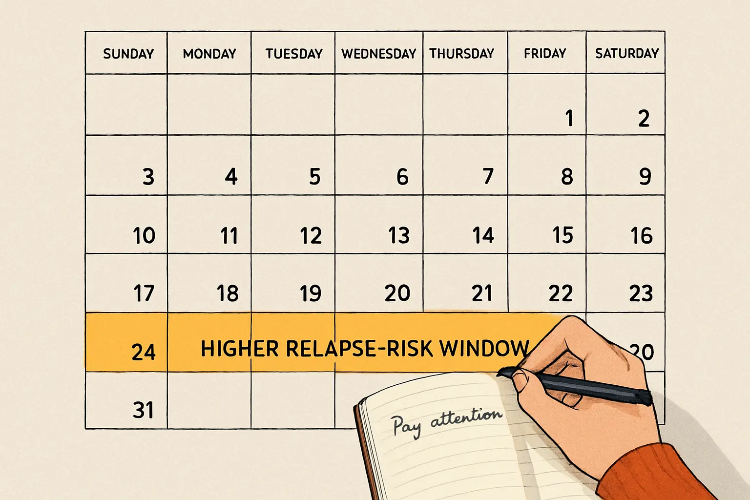 Calendar highlighting the late-luteal phase as a week to plan extra support around when quitting smoking