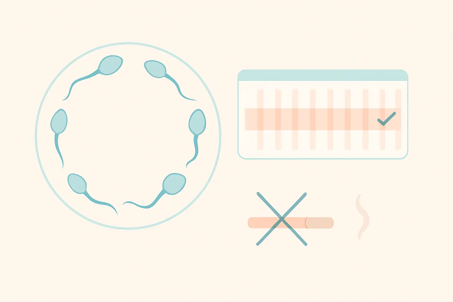 Illustration of a sperm maturation cycle beside a shaded calendar strip, representing the roughly three-month smoke-free window before IVF