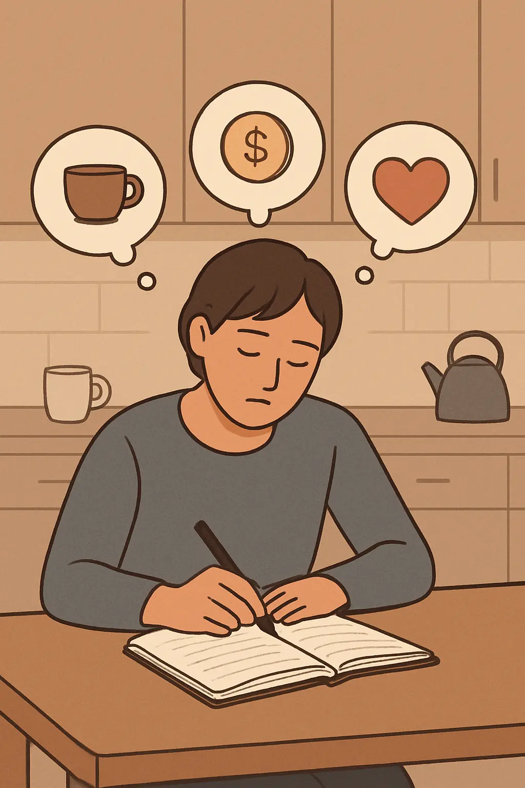 Illustration of a person writing in a notebook with thought bubbles of a coffee cup, coin and heart while drafting a goodbye letter to cigarettes
