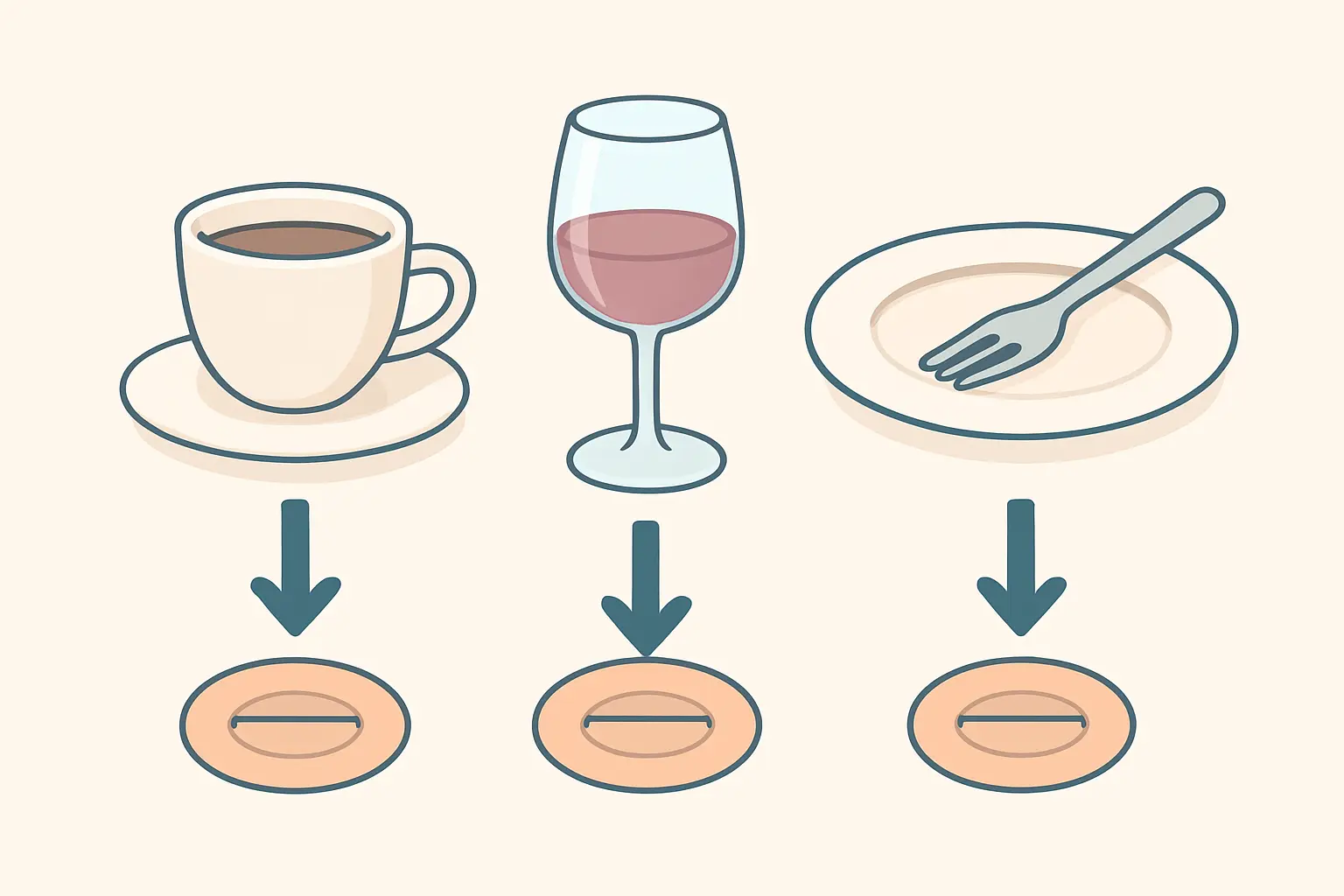 Illustration of coffee, alcohol and a late meal all pressing on the same lower esophageal sphincter that nicotine relaxes