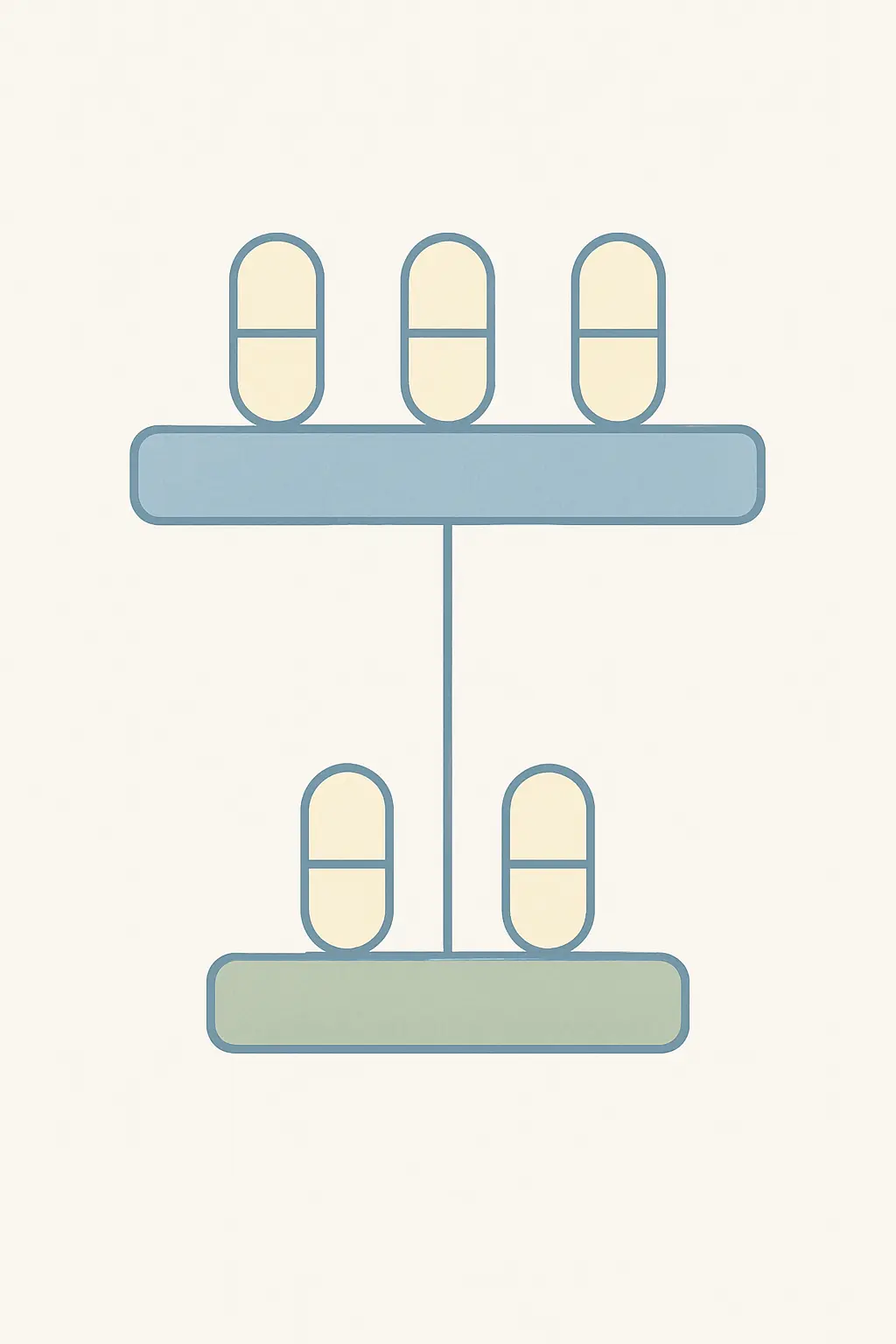 Tiered diagram with three pill shapes on a wide upper platform and two on a narrower lower platform, representing first-line and second-line stop-smoking medicines