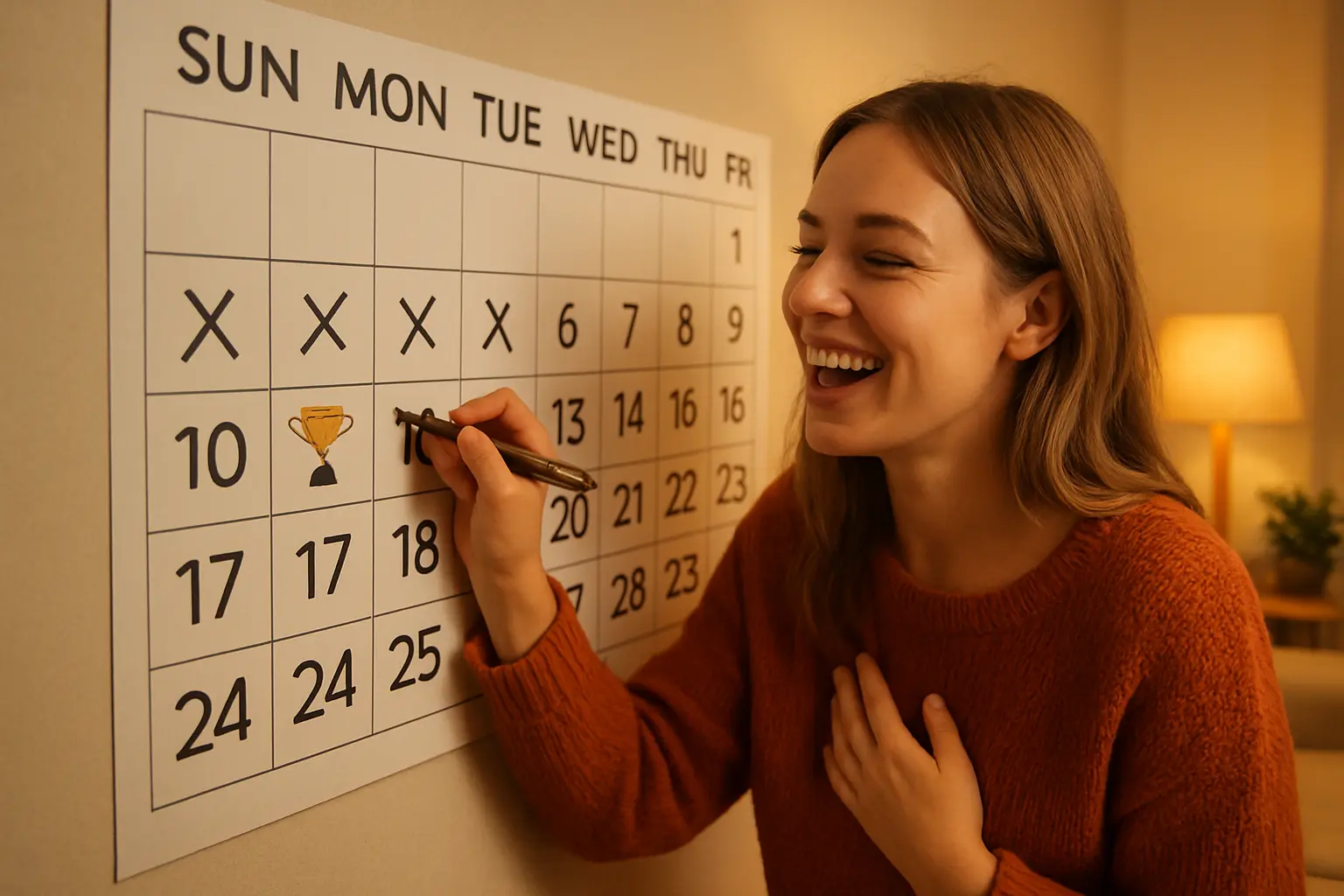 Person marking day 21 complete on a wall calendar during a 28-day Stoptober quit plan