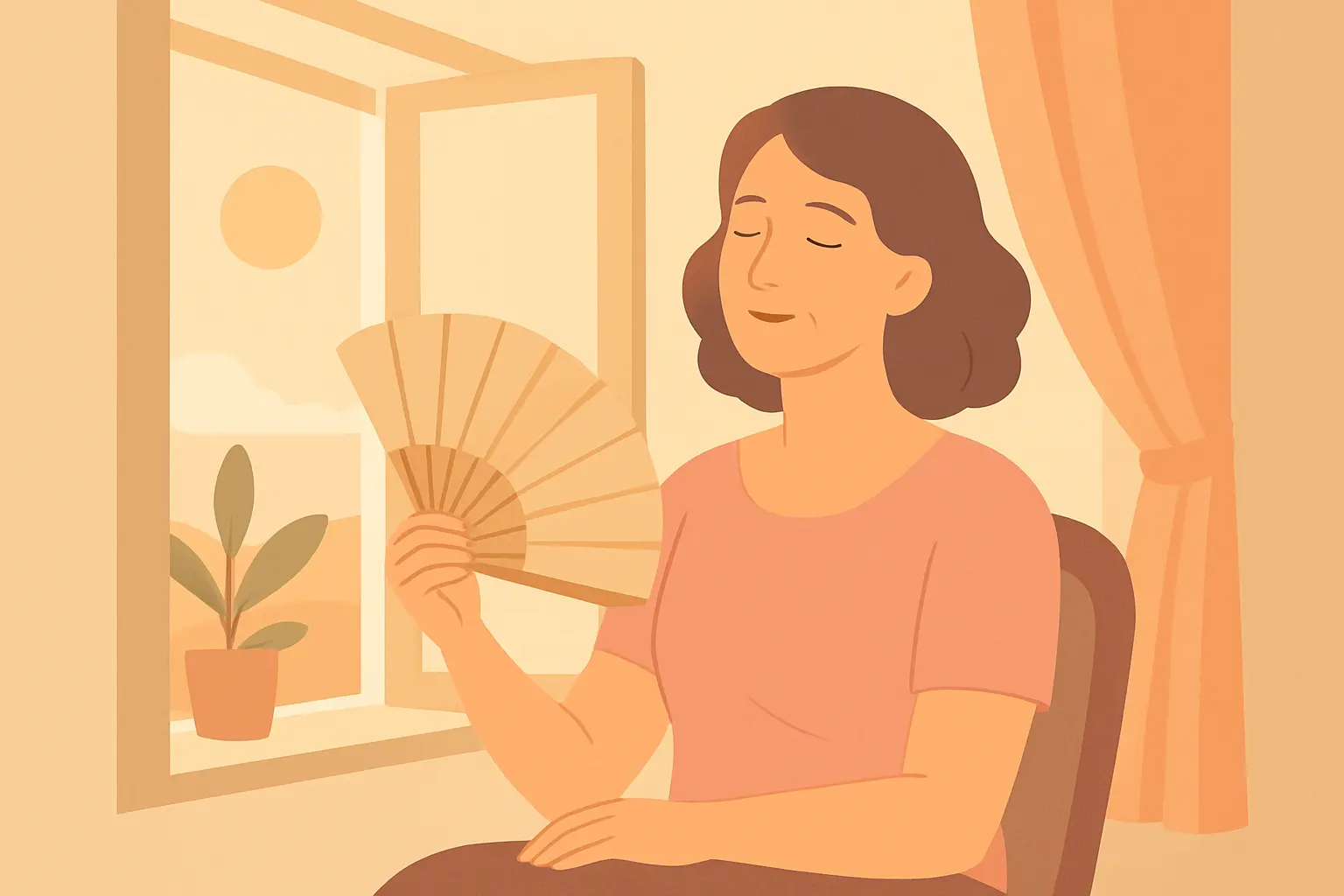 Illustration of a woman managing a hot flash during menopause