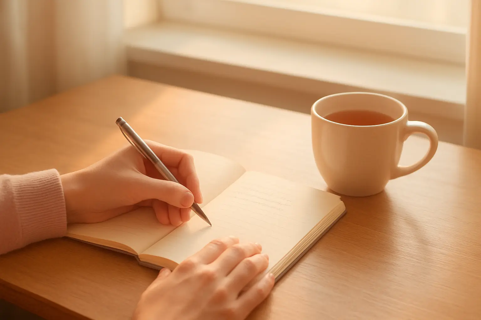Person writing a short handwritten note in a journal at a sunny desk, symbolizing writing a personal quit-smoking reason