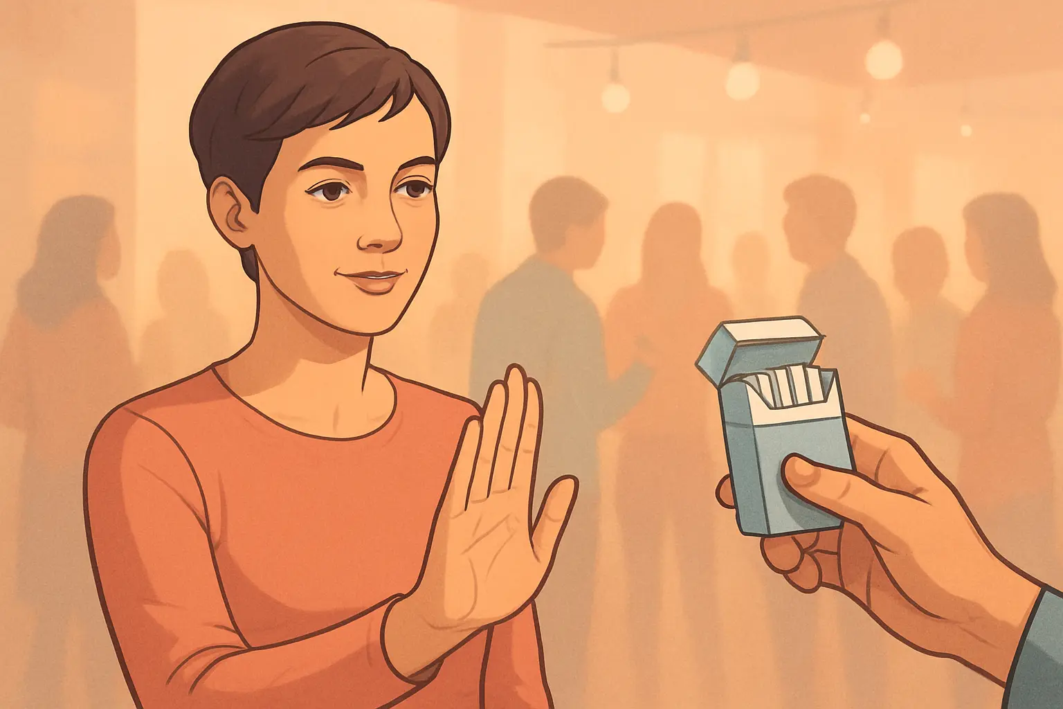 Person calmly declining a cigarette offer with a polite hand gesture at a social gathering