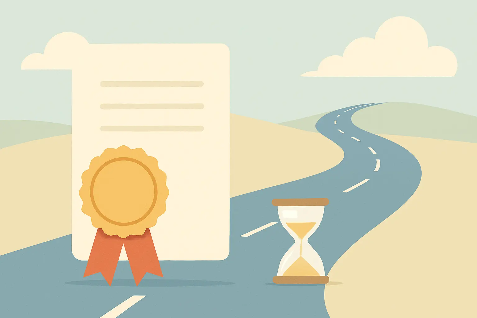 Illustration of an official sealed document at the start of a long winding road with an hourglass, representing the FDA nicotine cap still being only a proposed rule
