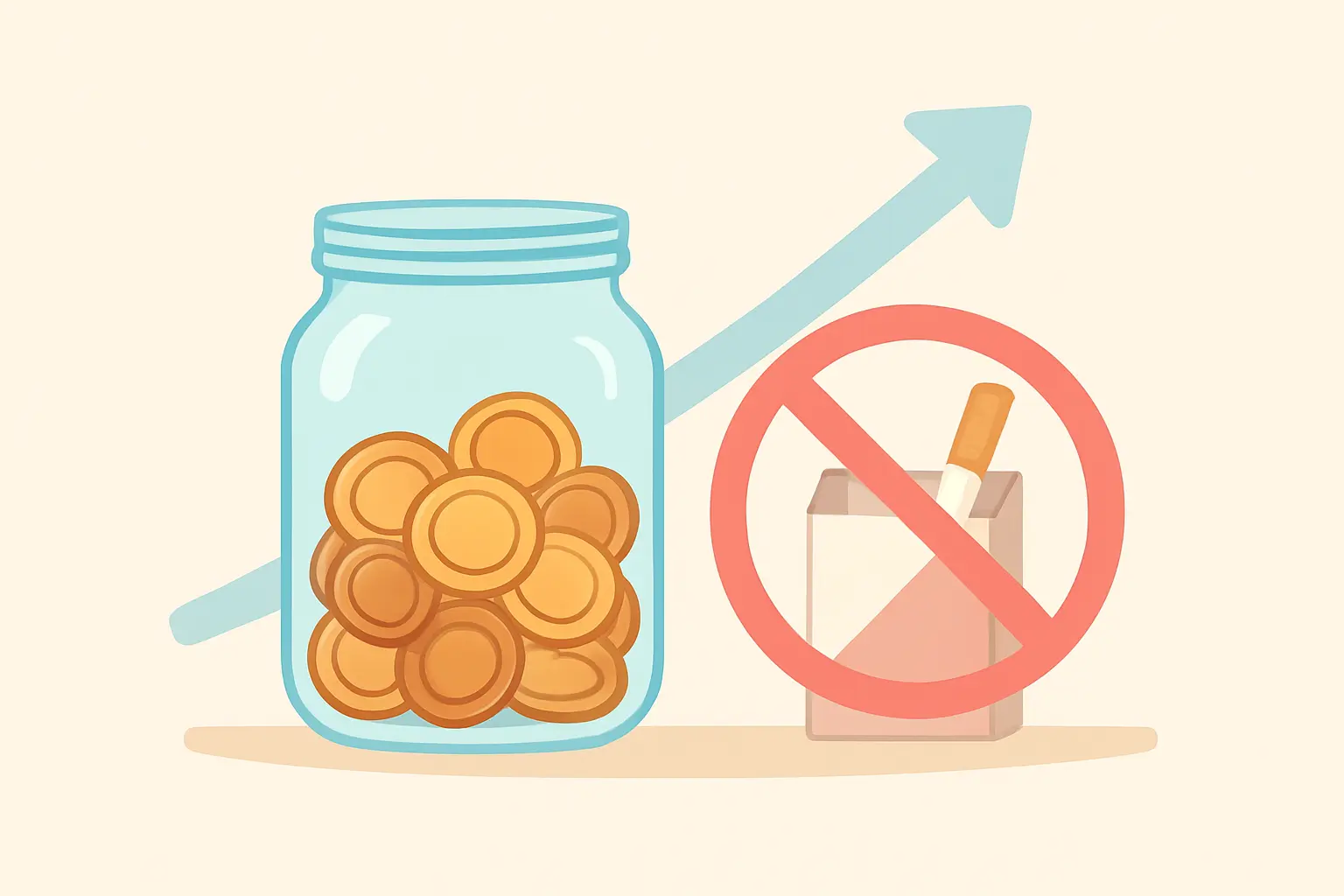 Illustration of a coin jar filling up beside a crossed-out cigarette pack, representing money saved in the first month after quitting smoking