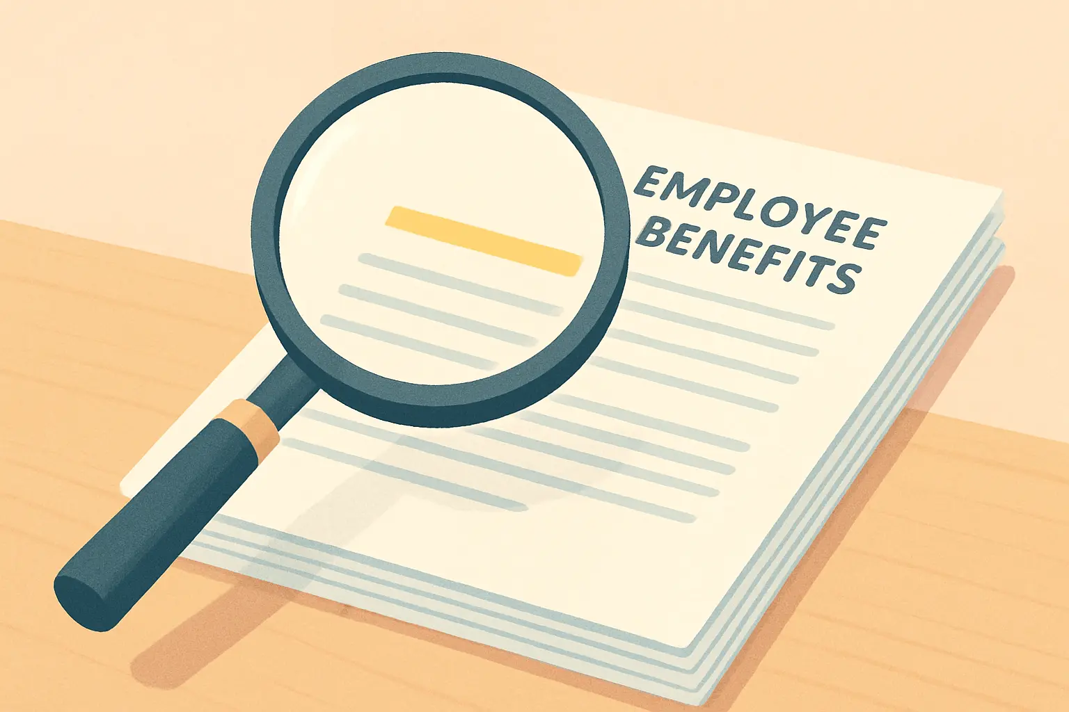 Illustration of a magnifying glass reviewing employee benefits documents for eligibility details