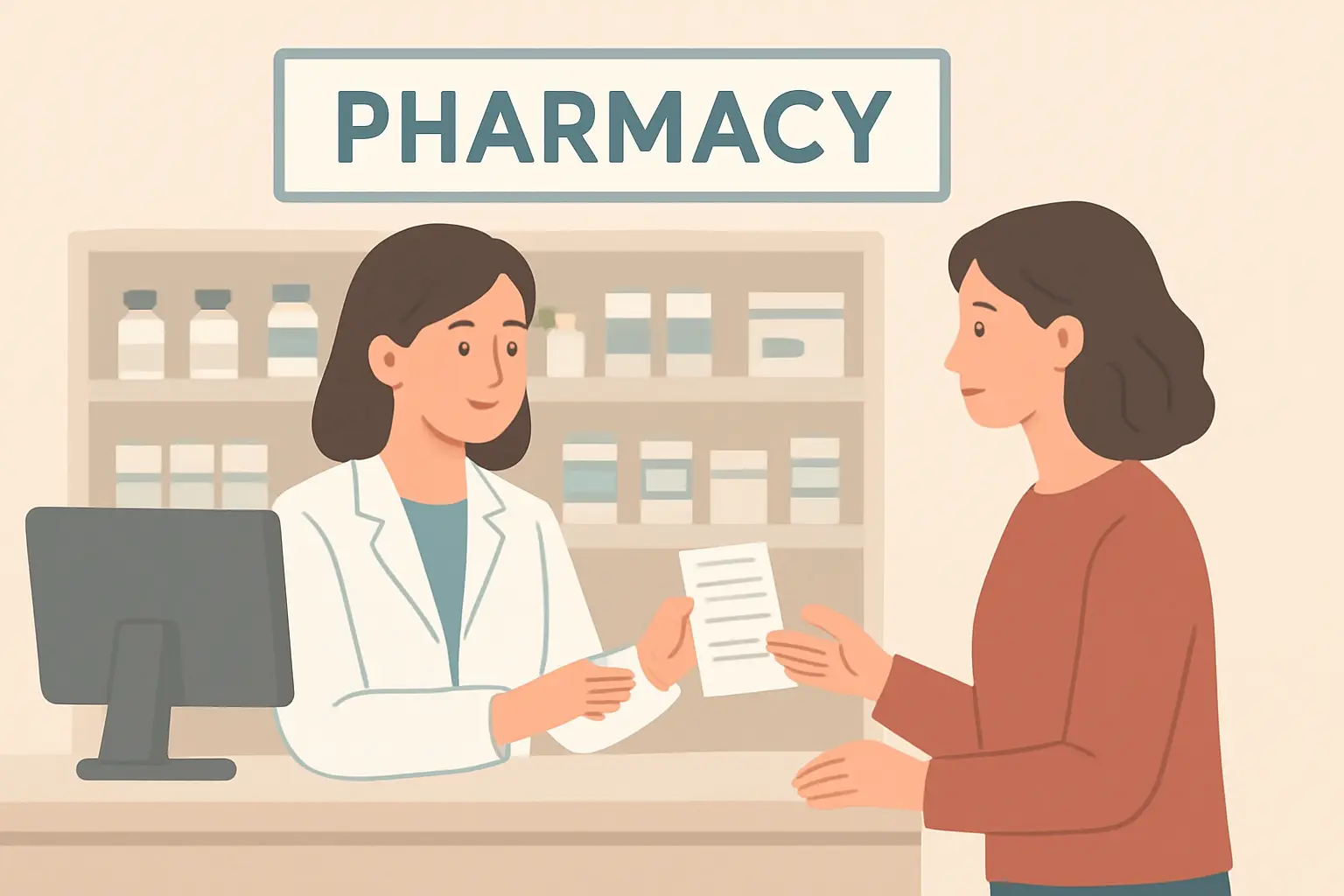Illustration of a patient asking a pharmacist or prescriber a question about their medication