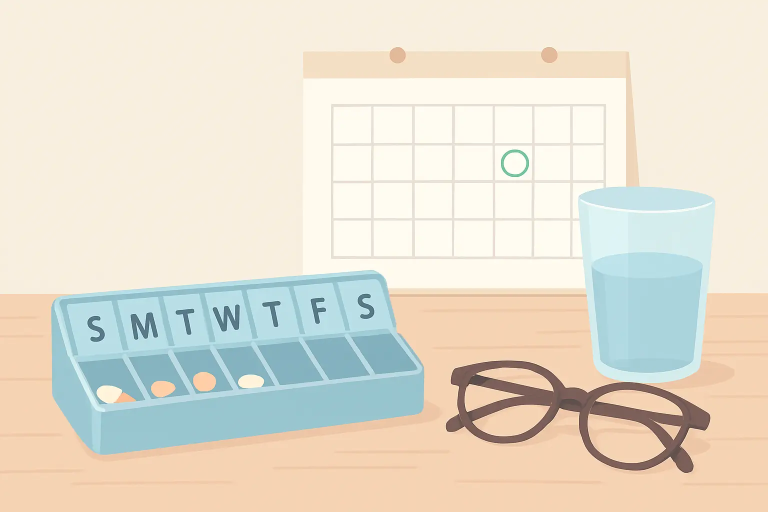 Weekly pill organizer beside a calendar with a quit date circled, illustrating starting bupropion before quit day