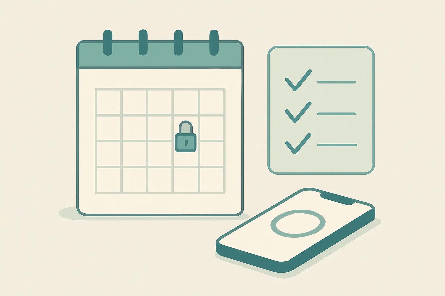 Illustration of a calendar square locked with a padlock beside a short preparation checklist and a phone showing a progress ring