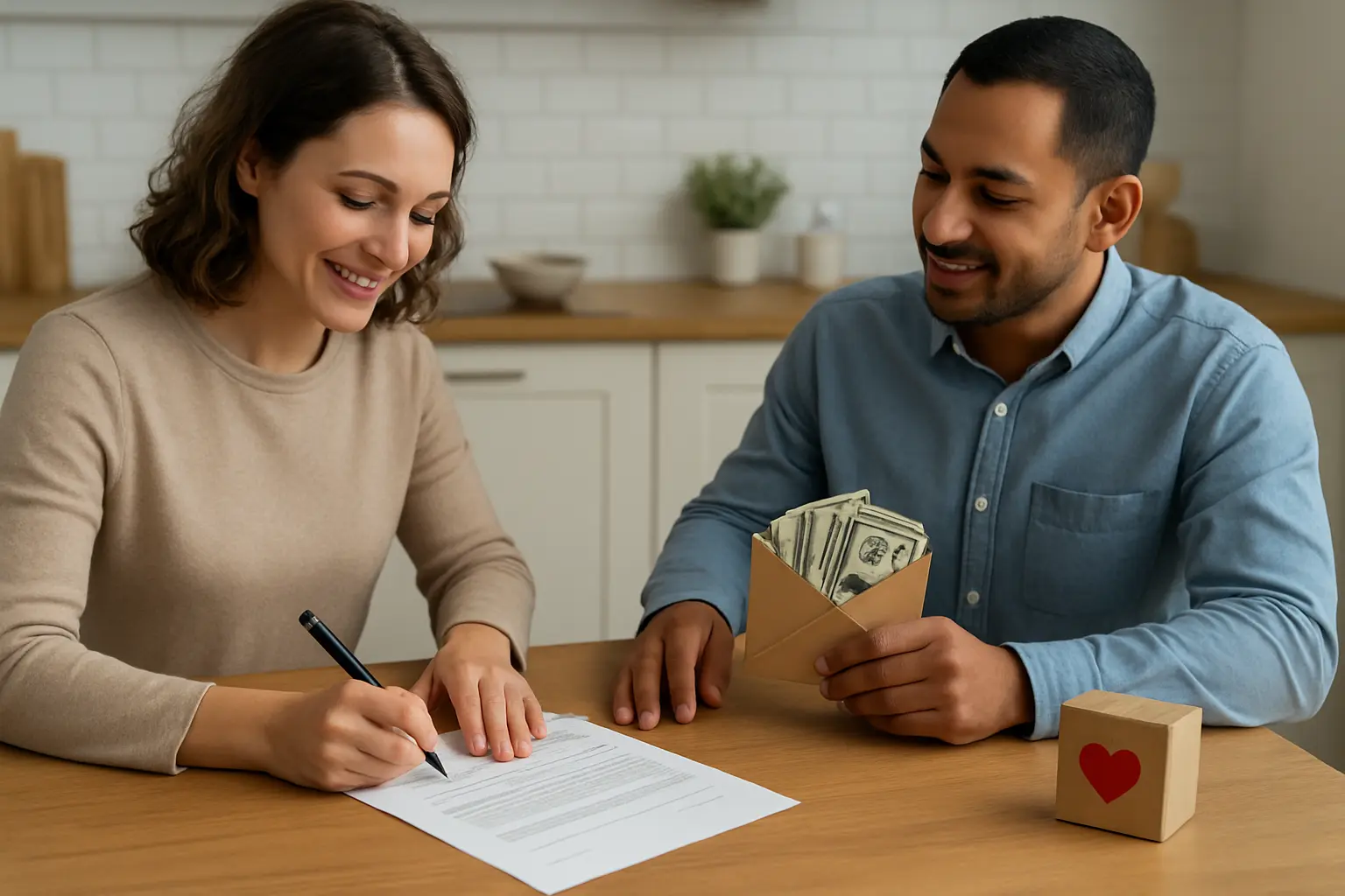 Illustration of two people signing a quit smoking commitment contract with a referee holding the stake envelope and milestone dates on a calendar