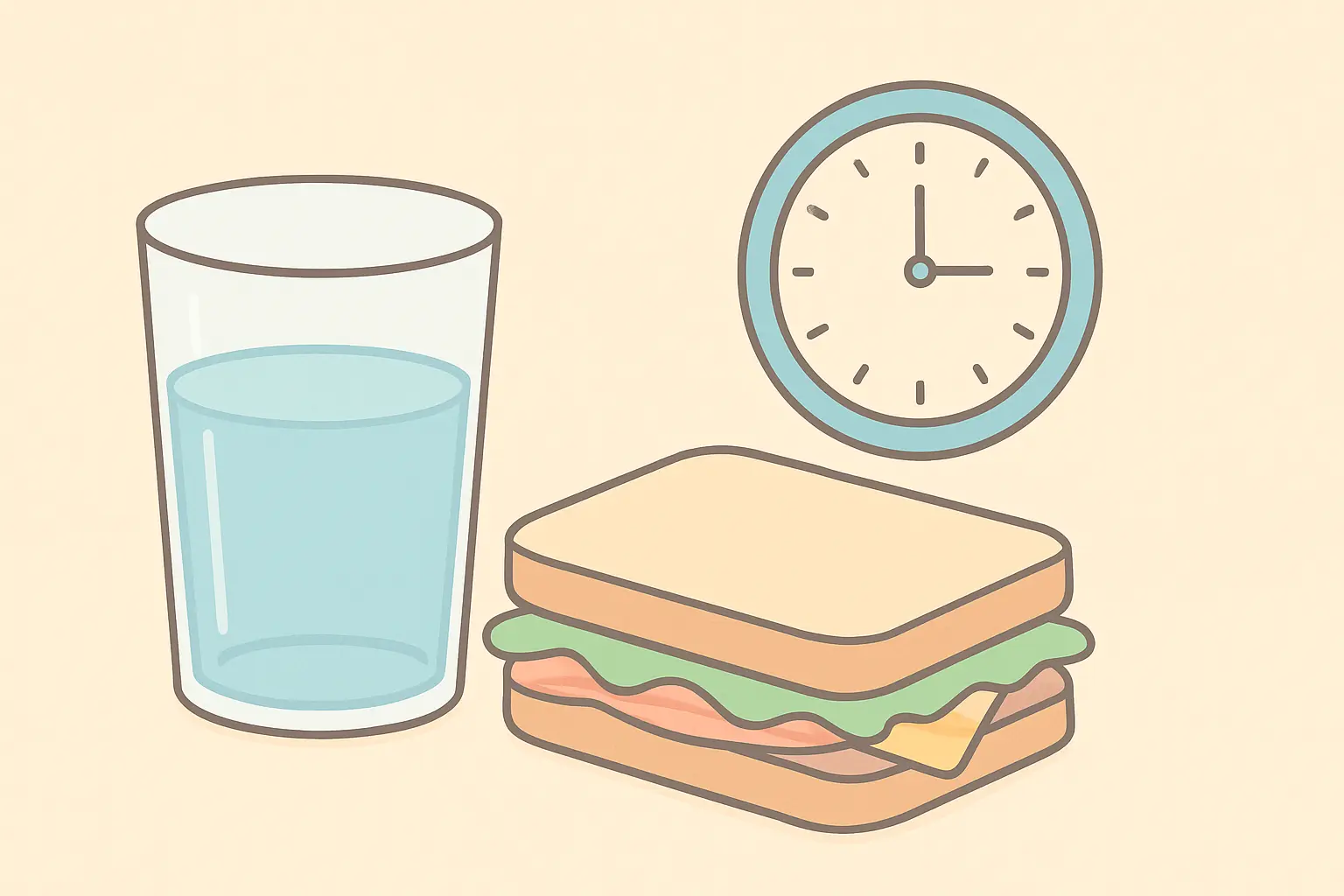Illustration of food, a drink and a clock representing the 15-minute wait rule before and during lozenge use