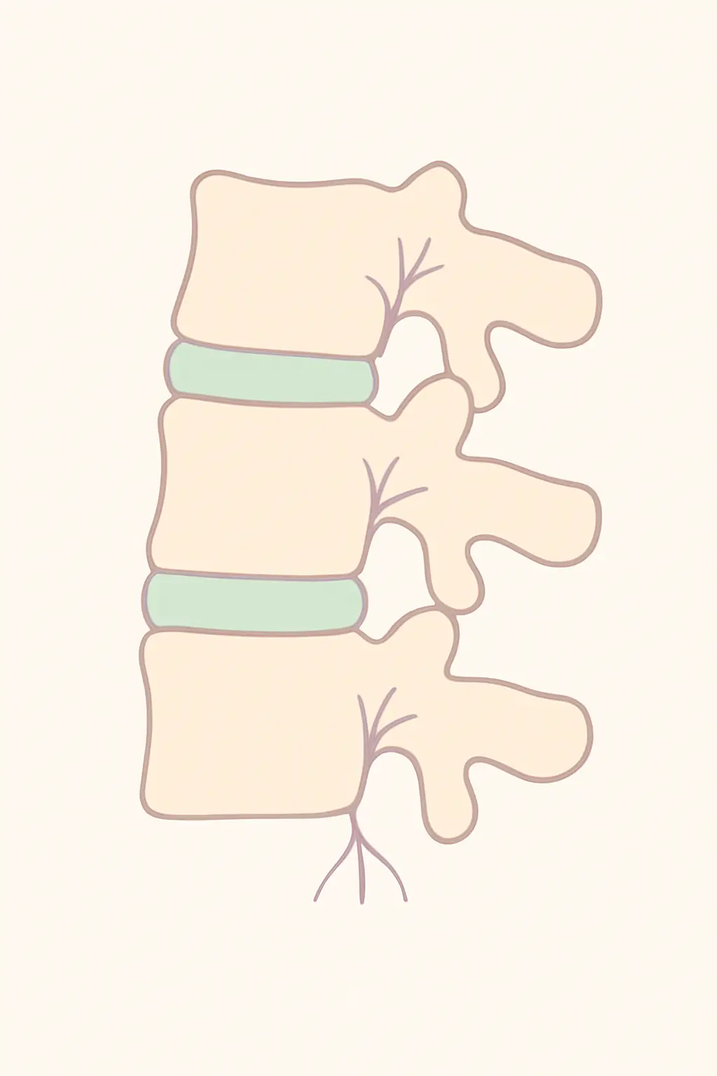 Stylized diagram of spinal discs and the small blood vessels feeding the bone around them, showing a healthy disc and a degenerating one