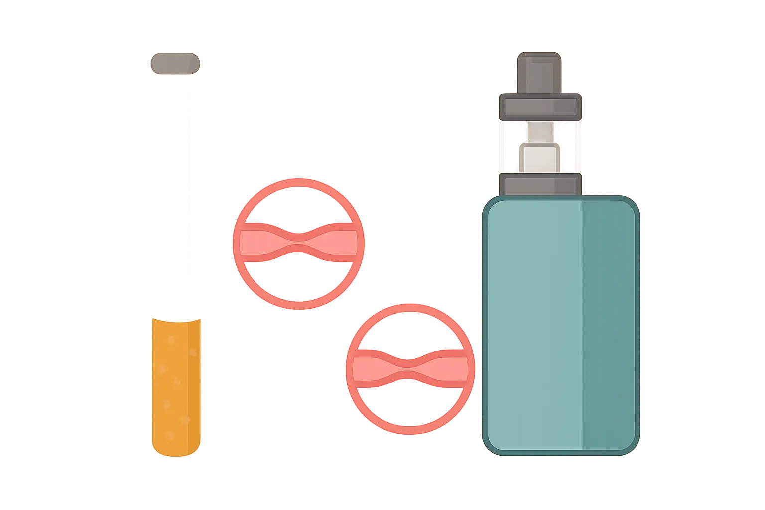 Illustration comparing a cigarette and a vape device both constricting a blood vessel, showing nicotine's effect on circulation