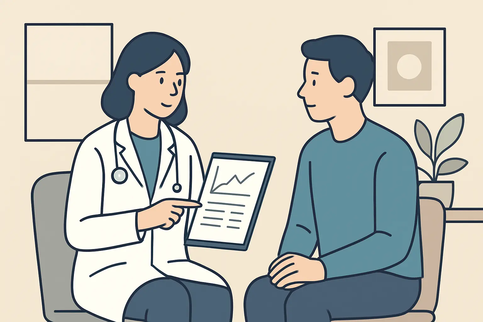 Illustration of a doctor and patient discussing hormone test results in a consultation