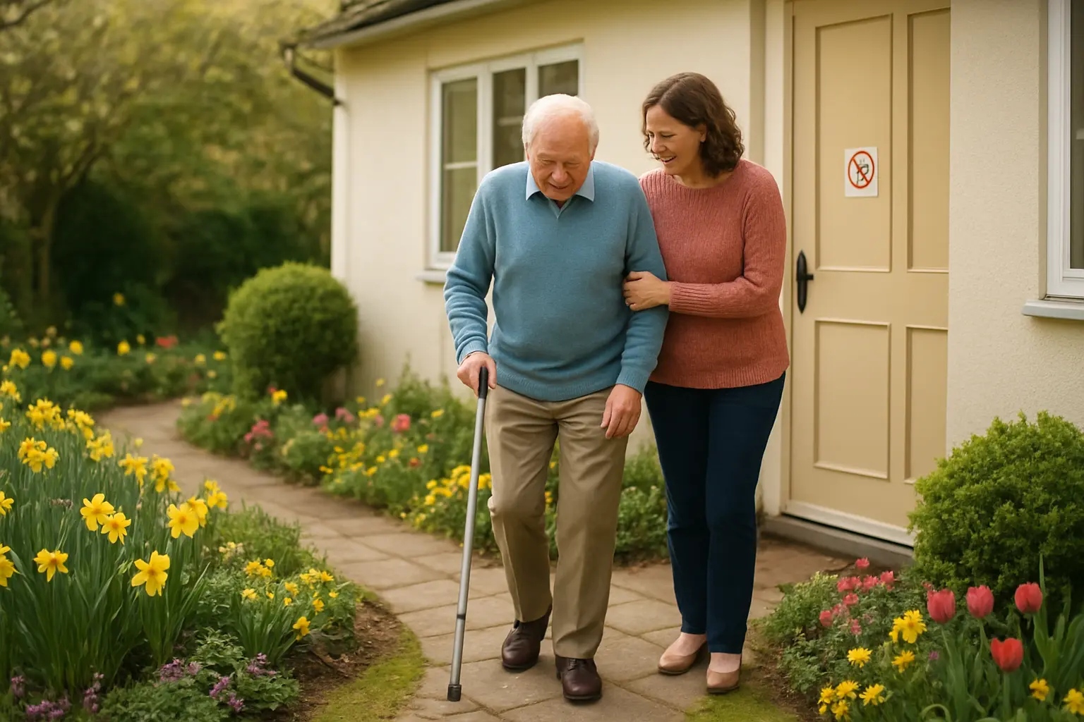 Illustration of a carer walking with a stroke survivor outside a smoke-free home as support for quitting smoking