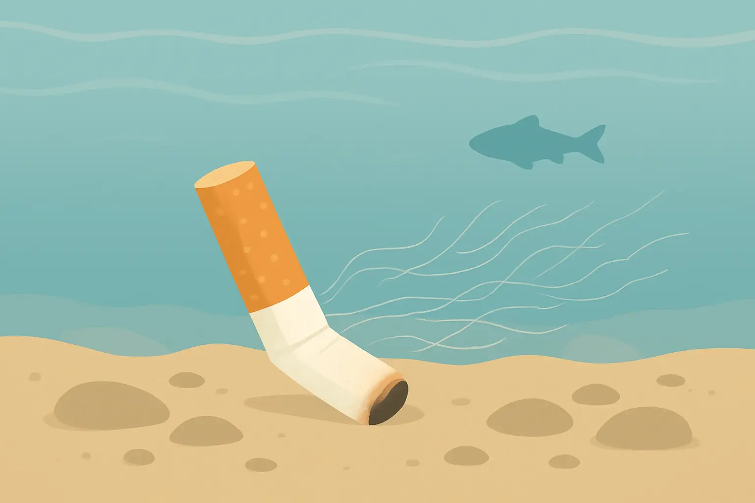 Illustration of a discarded cigarette butt in water shedding tiny microfibers that drift away into the current