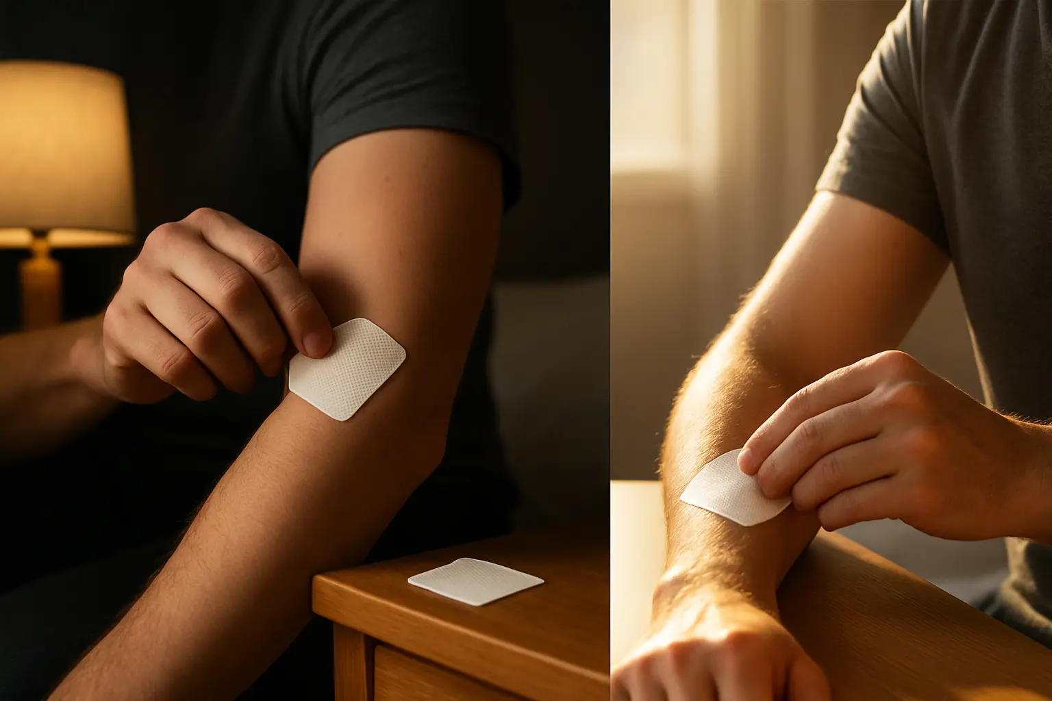Illustration of a person removing a nicotine patch at night and applying a new one in the morning