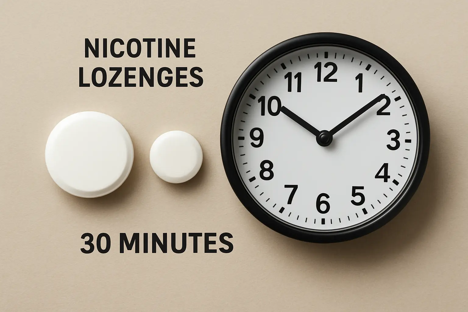 Two nicotine lozenges of different sizes next to a clock showing 30 minutes, representing the strength decision rule
