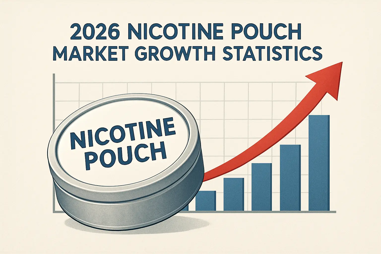 Flat vector illustration of a nicotine pouch tin with a rising sales chart representing 2026 nicotine pouch statistics