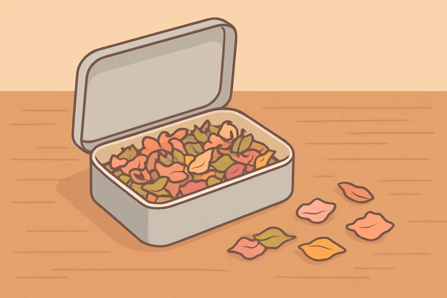 Illustration of a tin of loose dried herbal smoking blend with petals spilled beside it