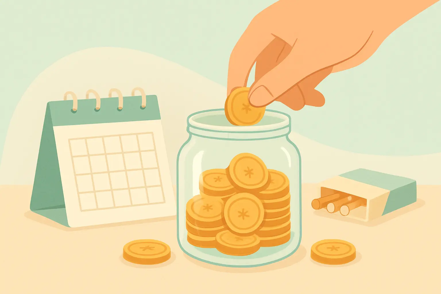 Illustration of a savings jar filling with coins next to a calendar, representing a year of cigarette tax kept instead of spent