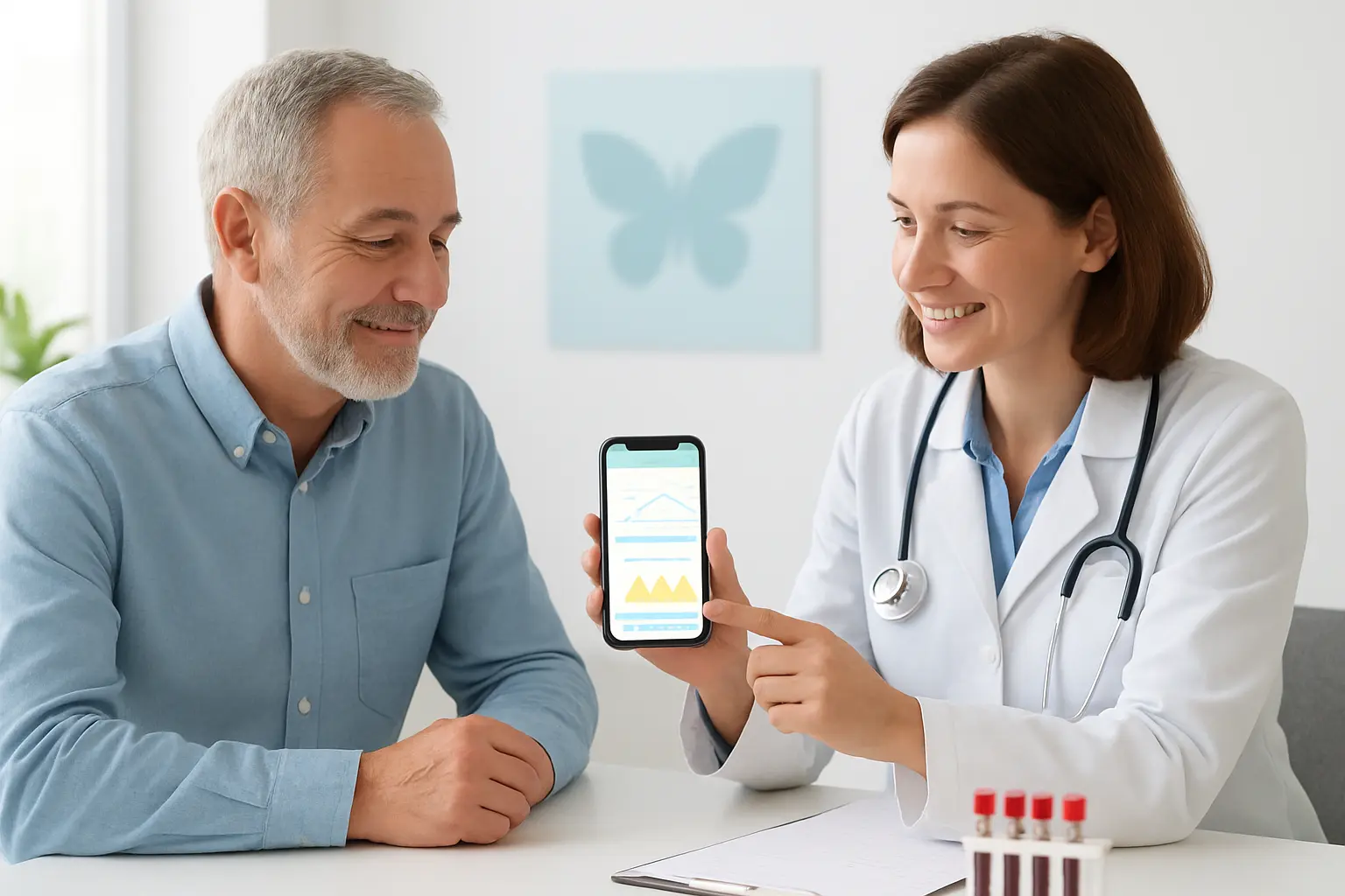 Illustration of a person showing a GP their mood and energy journal to discuss whether symptoms after quitting smoking need a thyroid test
