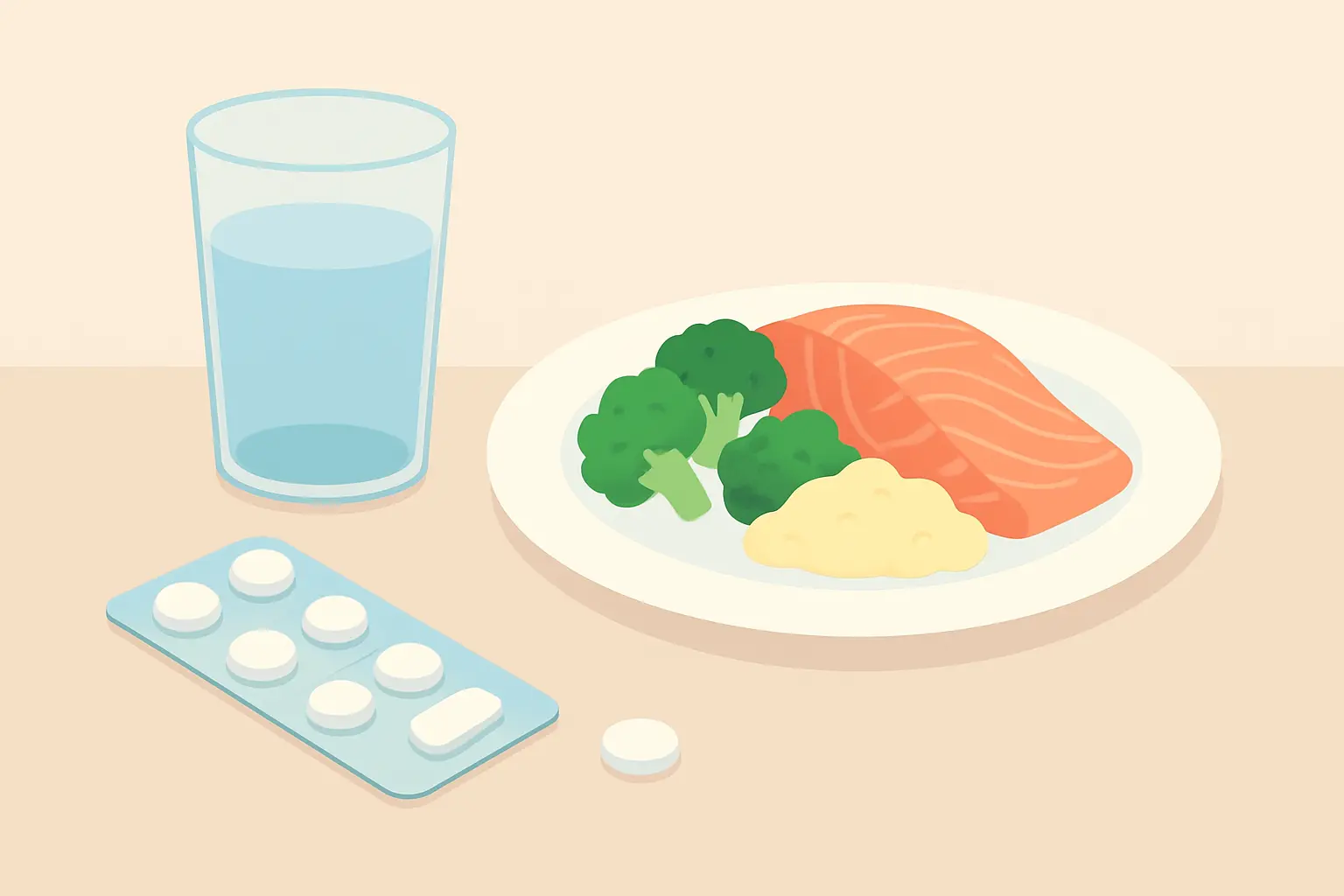 Illustration of a blister pack of tablets beside a glass of water and a finished meal, showing varenicline taken after food to reduce nausea