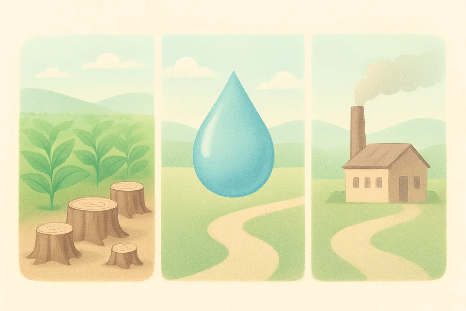 Flat pastel illustration of a tobacco field beside cleared tree stumps, a water droplet and a small smoke cloud, representing the land, water and carbon footprint of tobacco