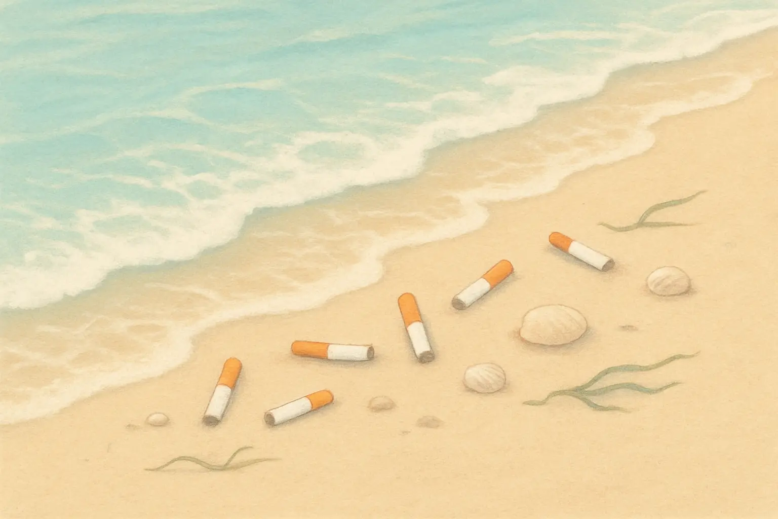 Flat pastel illustration of a shoreline where waves carry small cigarette butts onto the sand beside shells and seaweed, representing cigarette butt pollution on beaches