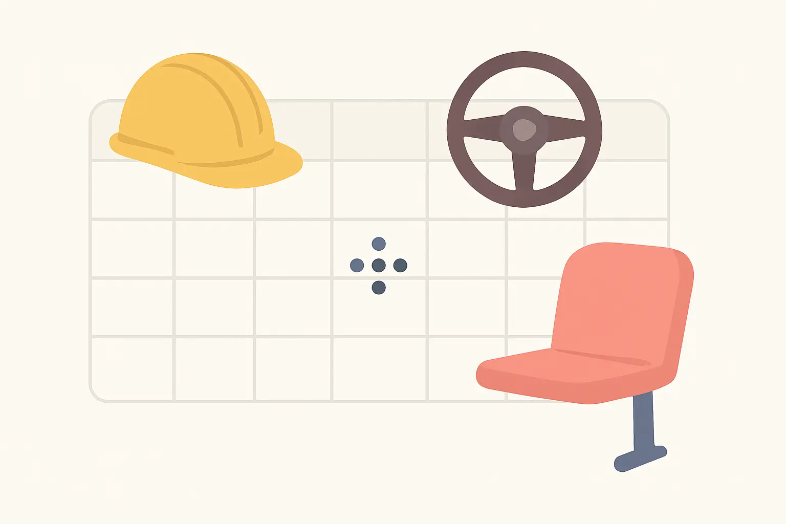 Illustration of a hard hat, steering wheel and stadium seat beside a weekly grid of clustered markers, showing activity-based dip craving triggers