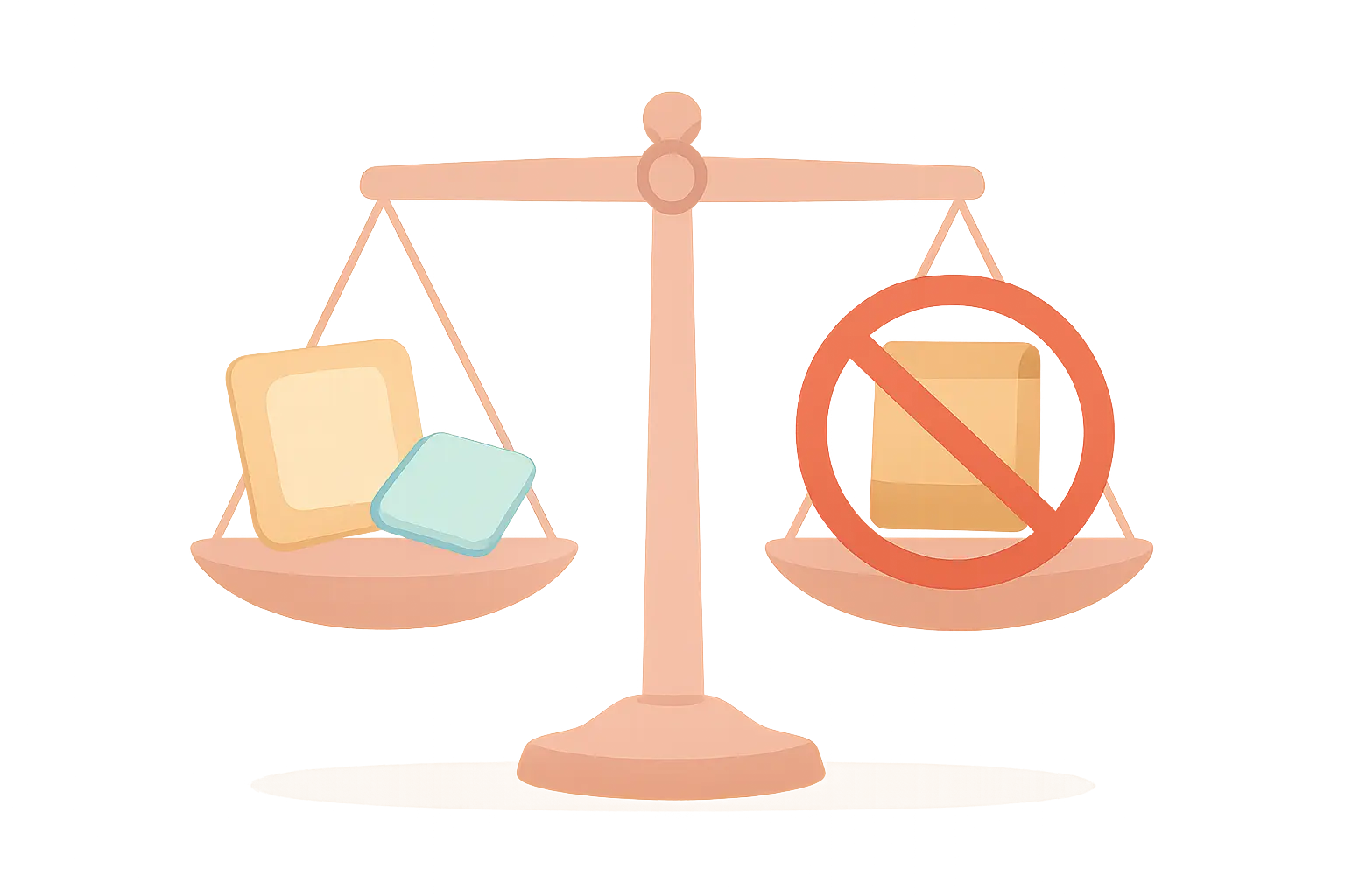 Illustration of a scale weighing a nicotine patch and gum against a rolling tobacco pouch, representing the choice between cold turkey and nicotine replacement therapy