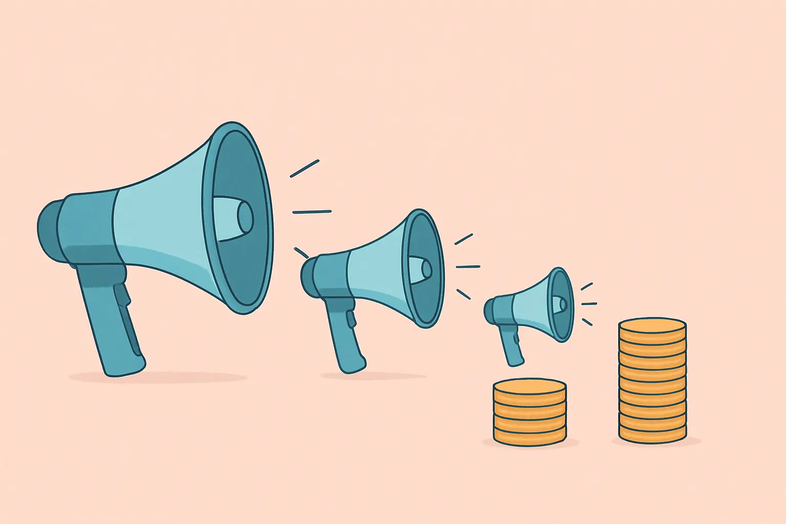 Flat pastel illustration of a megaphone shrinking in size across three steps beside a declining stack of coins, representing how a smaller campaign budget reduced Stoptober's reach